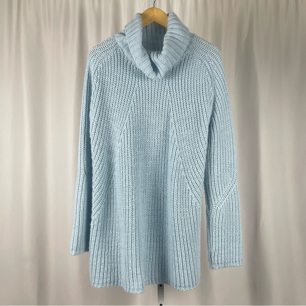 Ellos Large Wool Blend Ribbed Longline Chunky Cowl Neck Sweater Baby Blue